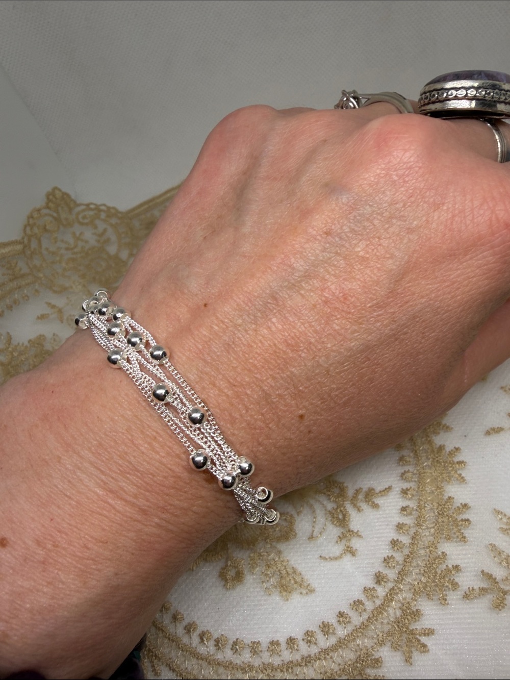 925 Sterling Silver Multi-Strand Floating Bead Bracelet | Toggle Closure